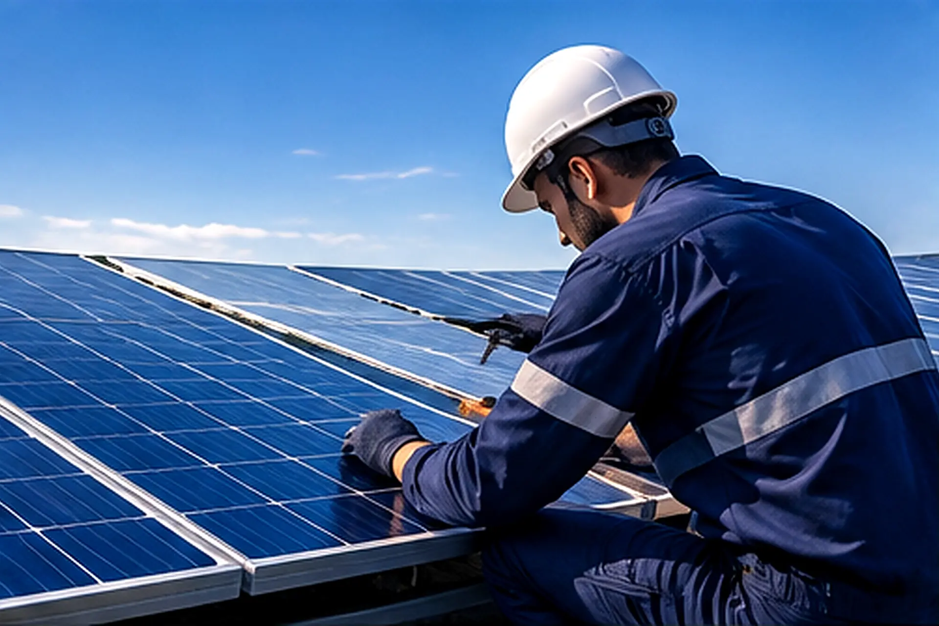 Profissional técnico inspecionando painéis solares