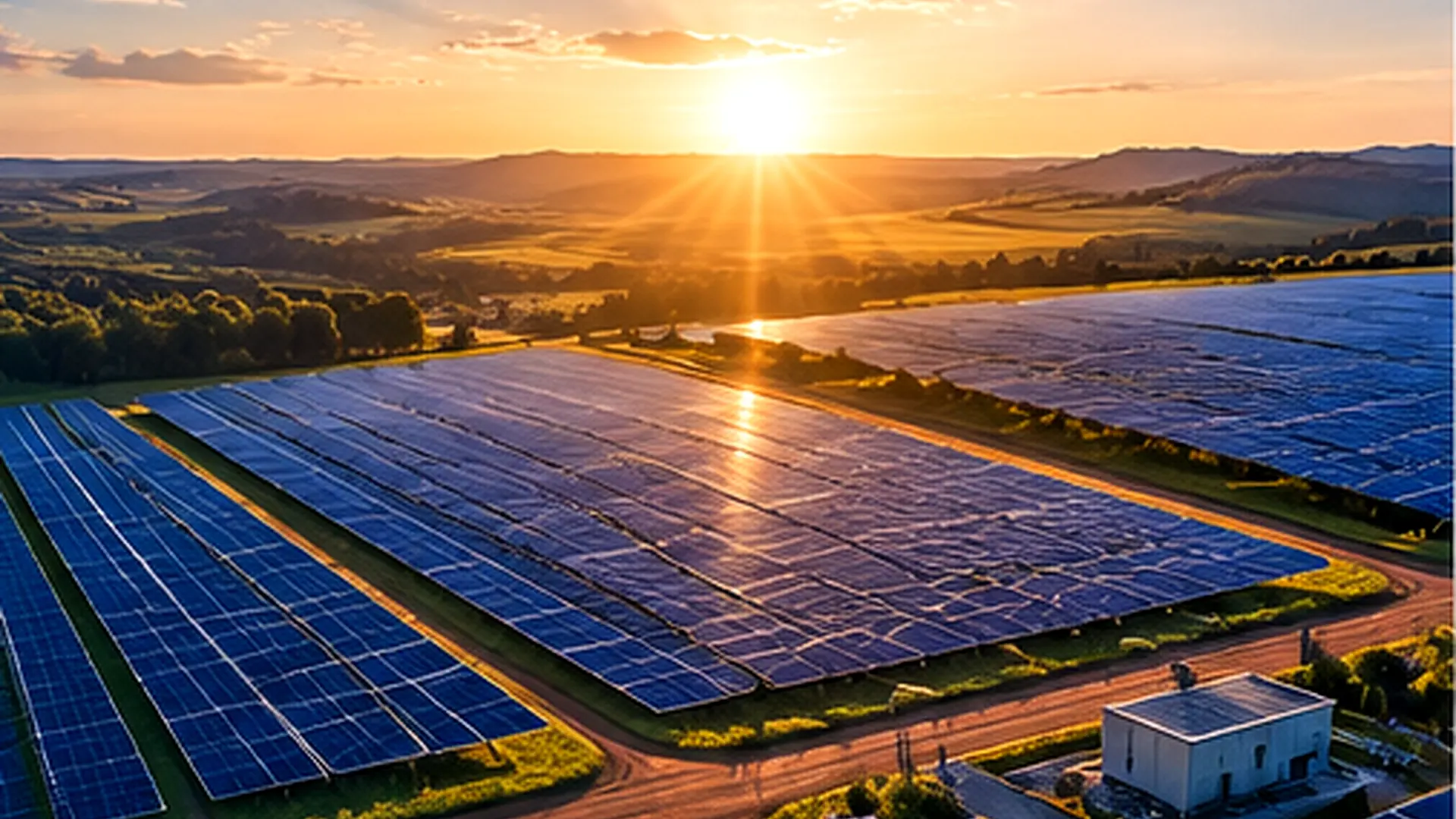 Usina de energia solar ao pôr do sol